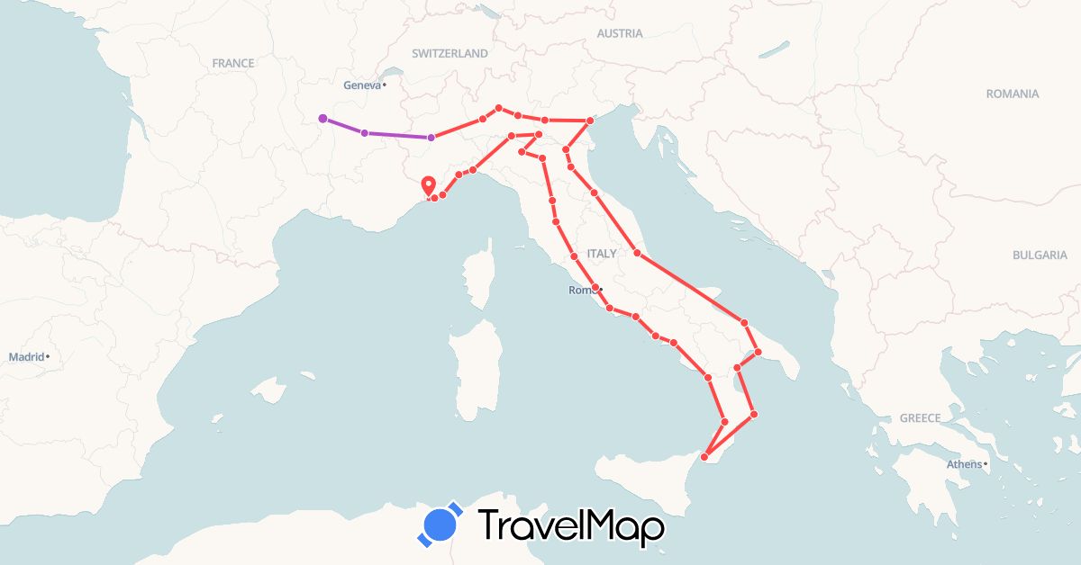TravelMap itinerary: driving, train, hiking in France, Italy, San Marino (Europe)